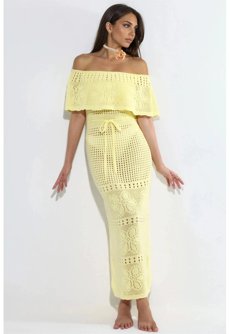 Rochie Midi Bodycon galben lamaie - tricot - fara bretele - design cu model -