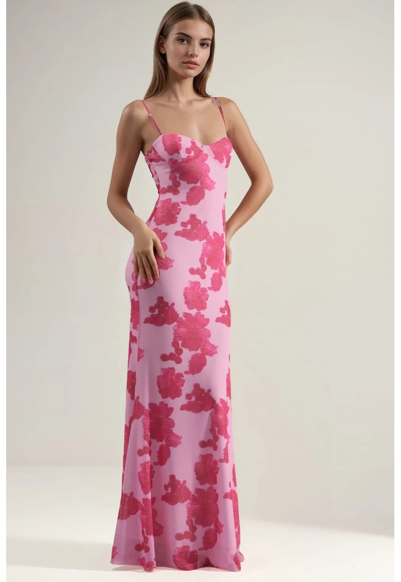 Rochie Maxi - Bodycon - Floral - Roz Garoafa - Poliester-Elastan - XS -