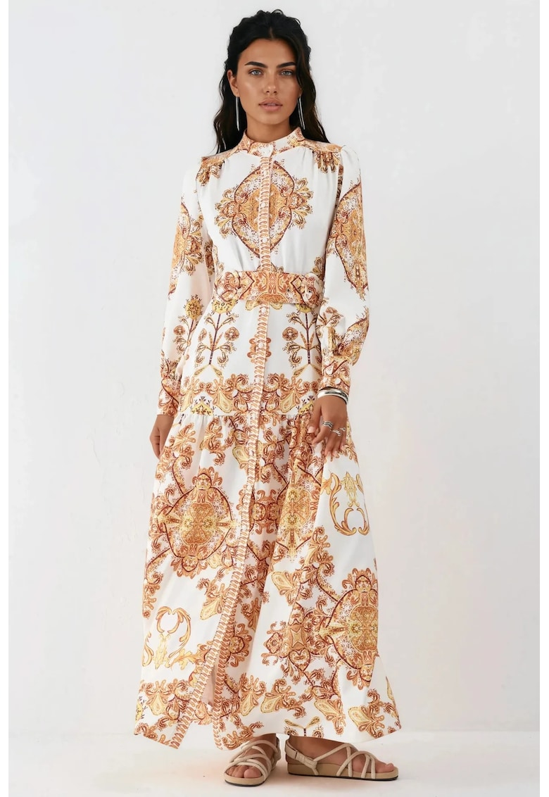 Rochie camasa maxi - imprimeu Paisley - maneca lunga - multicolor - poliester-elastan