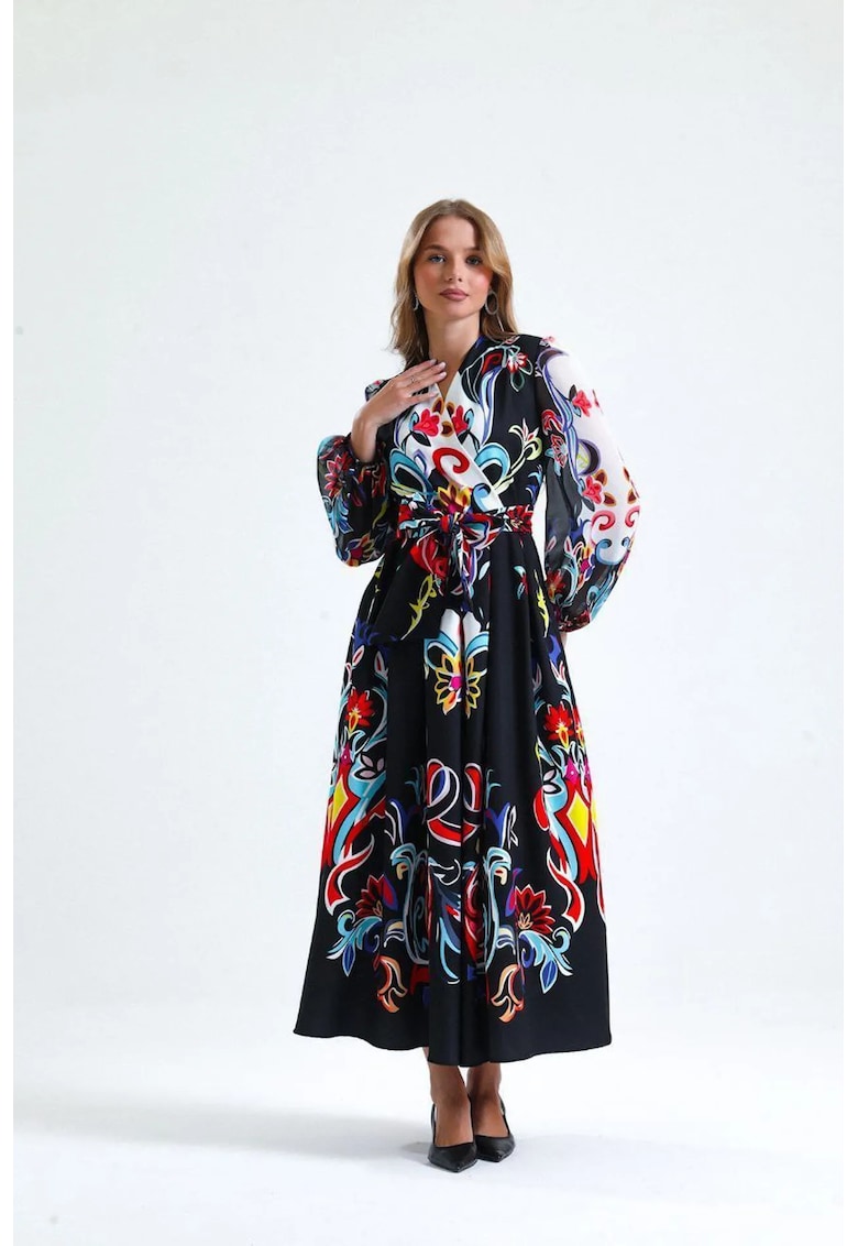 Rochie maxi - A-Line - multicolor - imprimeu floral - maneca lunga - decolteu in V - cu cordon