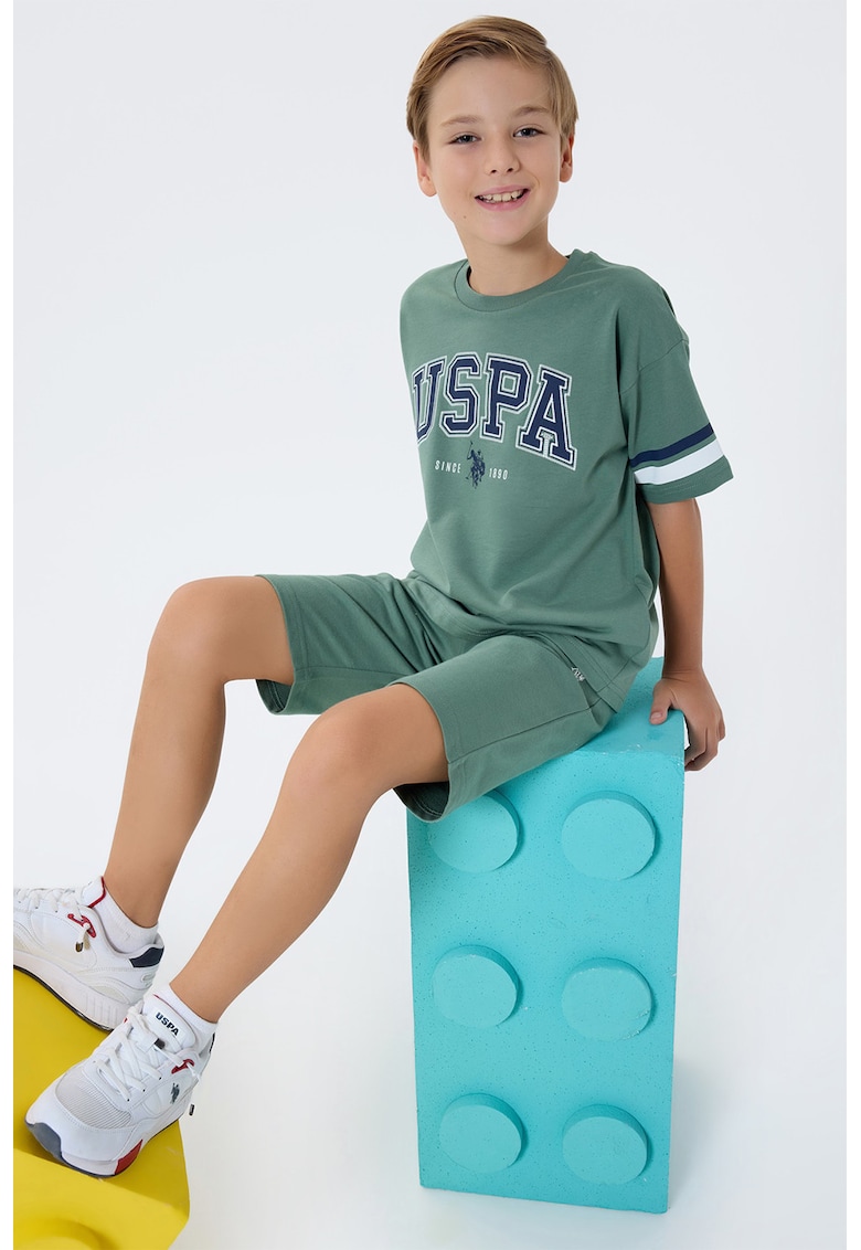 Trening scurt din bumbac cu imprimeu logo supradimensionat - Verde aquamarin