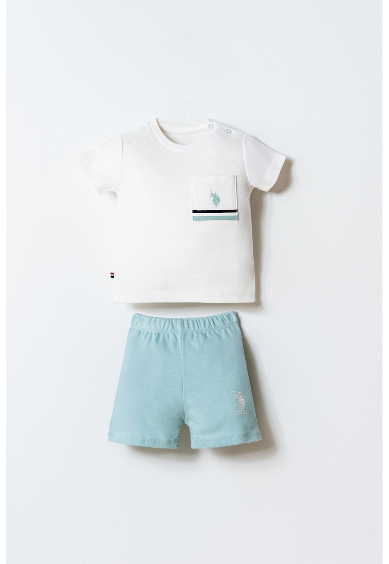Set de tricou din bumbac cu logo si pantaloni scurti - 2 piese - Alb/Verde pal
