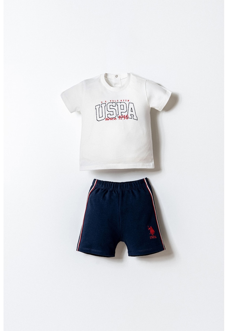 Set de tricou si pantaloni scurti cu logo - 2 piese - Alb/Bleumarin