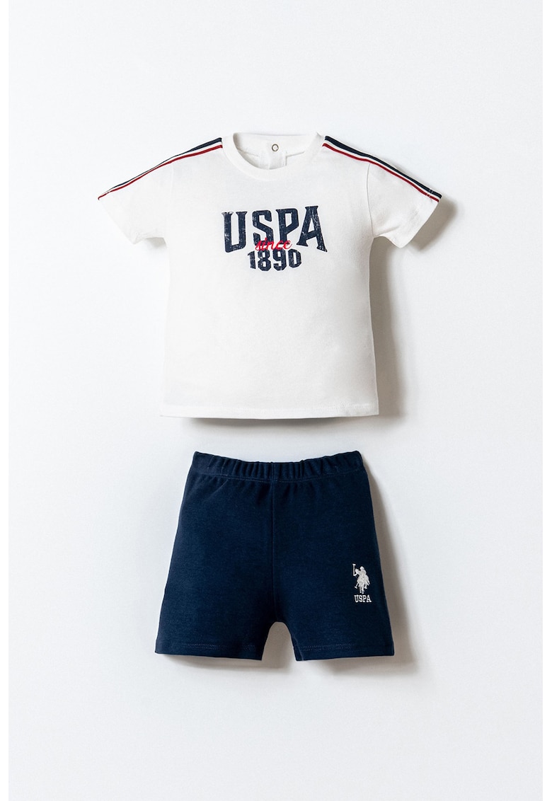 Set de tricou din bumbac si pantaloni scurti cu imprimeu logo - 2 piese - Alb/Bleumarin