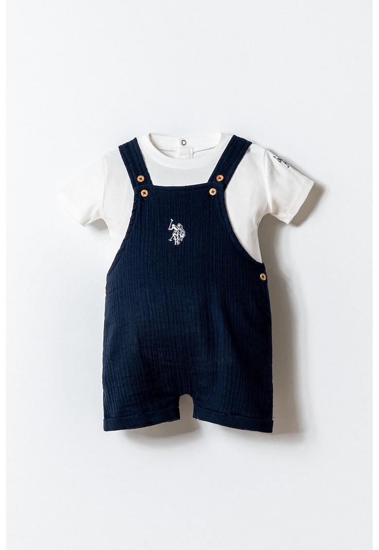 Set de salopeta si tricou cu detaliu logo - 2 piese - Alb/Bleumarin