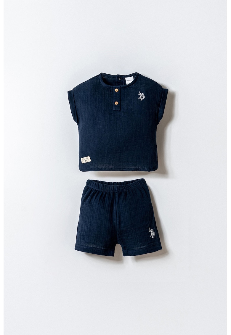 Set de tricou din bumbac si pantaloni scurti cu broderie logo - 2 piese - Bleumarin