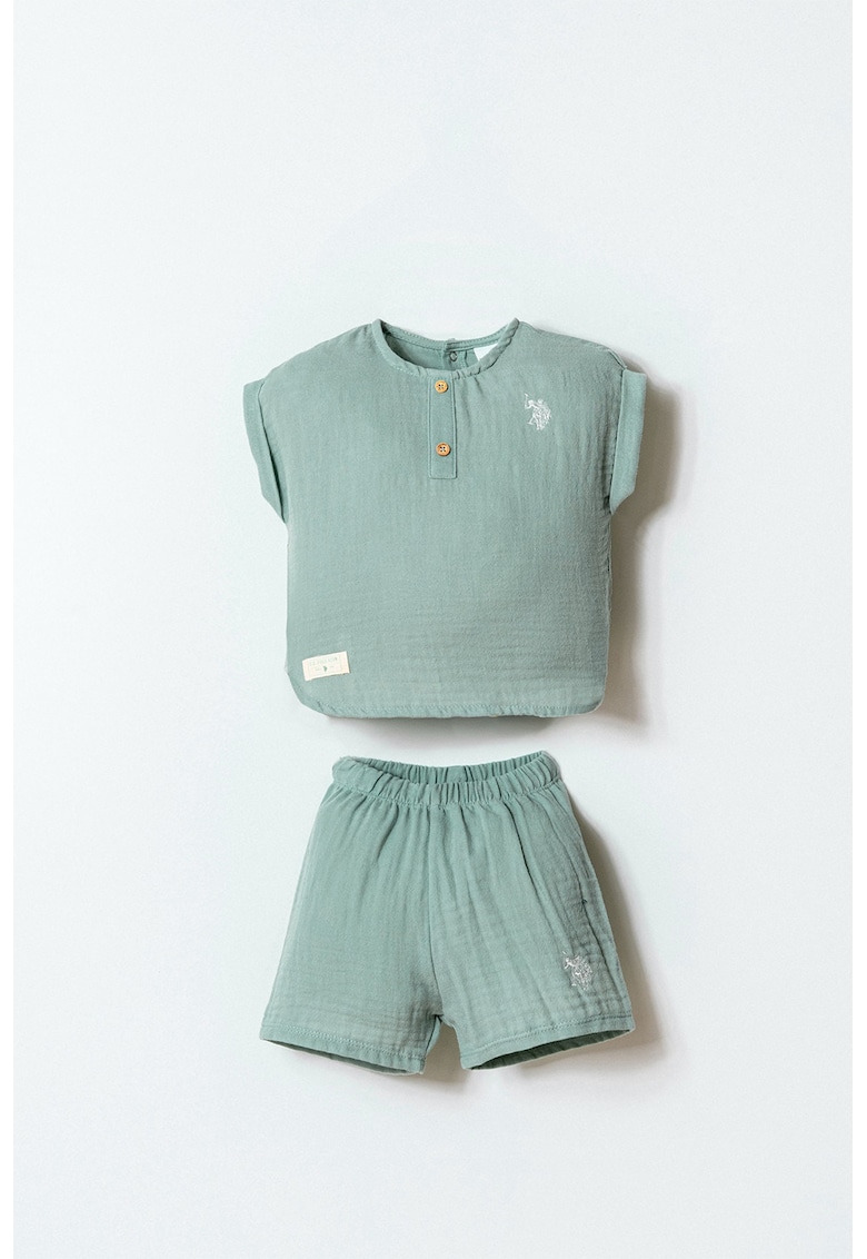 Set de pantaloni scurti din bumbac si tricou cu logo - Verde pal