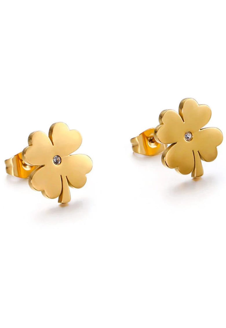 Cercei aurii - din otel inoxidabil - suflati cu aur 18k - forma de trifoi - cu zirconii - Delphine C3
