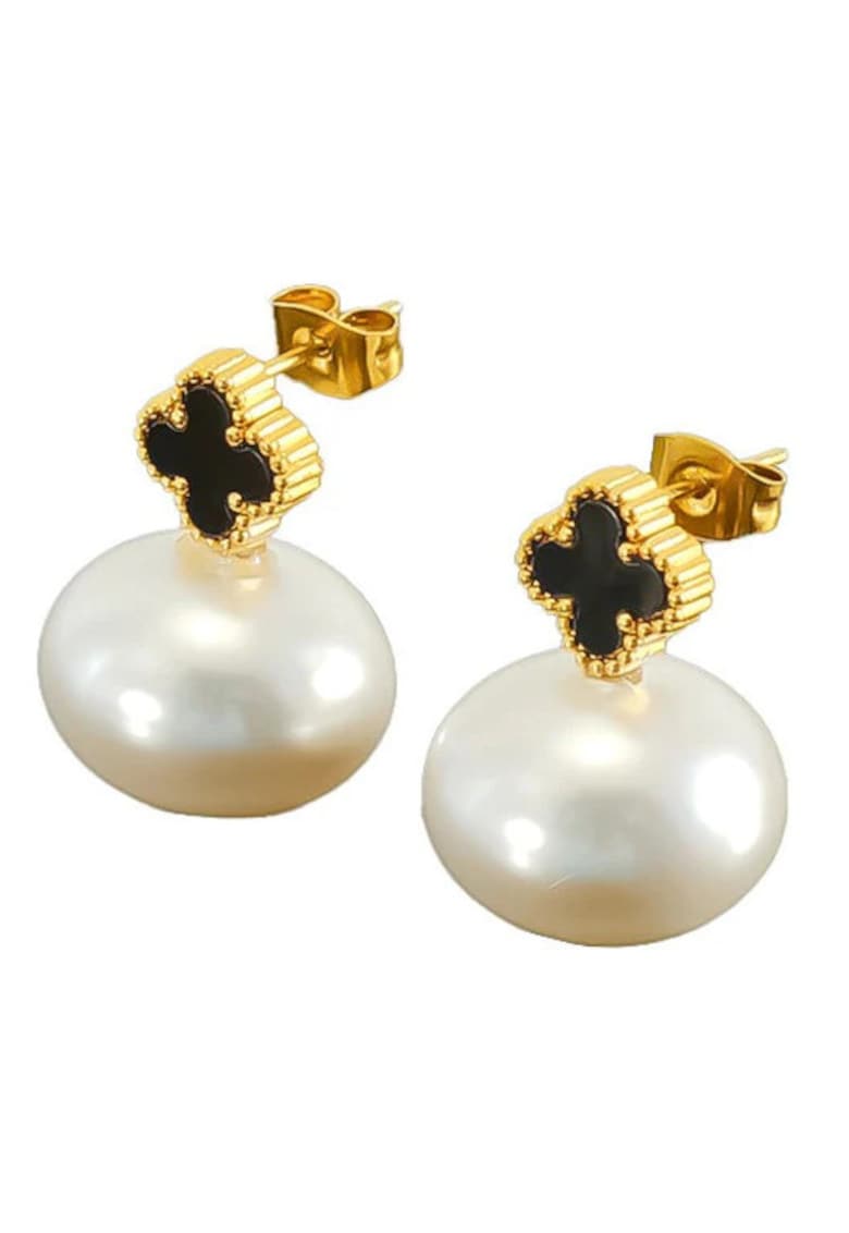 Cercei aurii trifoi cu perle - otel inoxidabil suflat cu aur 18k - 2.2x1.6cm