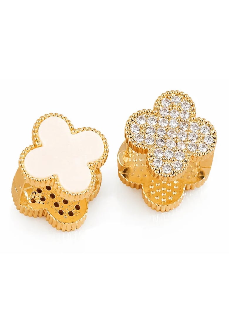 Cercei aurii - cu doua fete - din otel inoxidabil - suflati cu aur 18k - forma de trifoi - cu zirconii - Seraphine C5