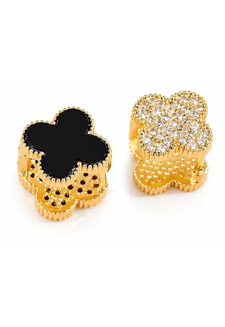 Cercei aurii - cu doua fete - din otel inoxidabil - suflati cu aur 18k - forma de trifoi - cu zirconii - Solene C5