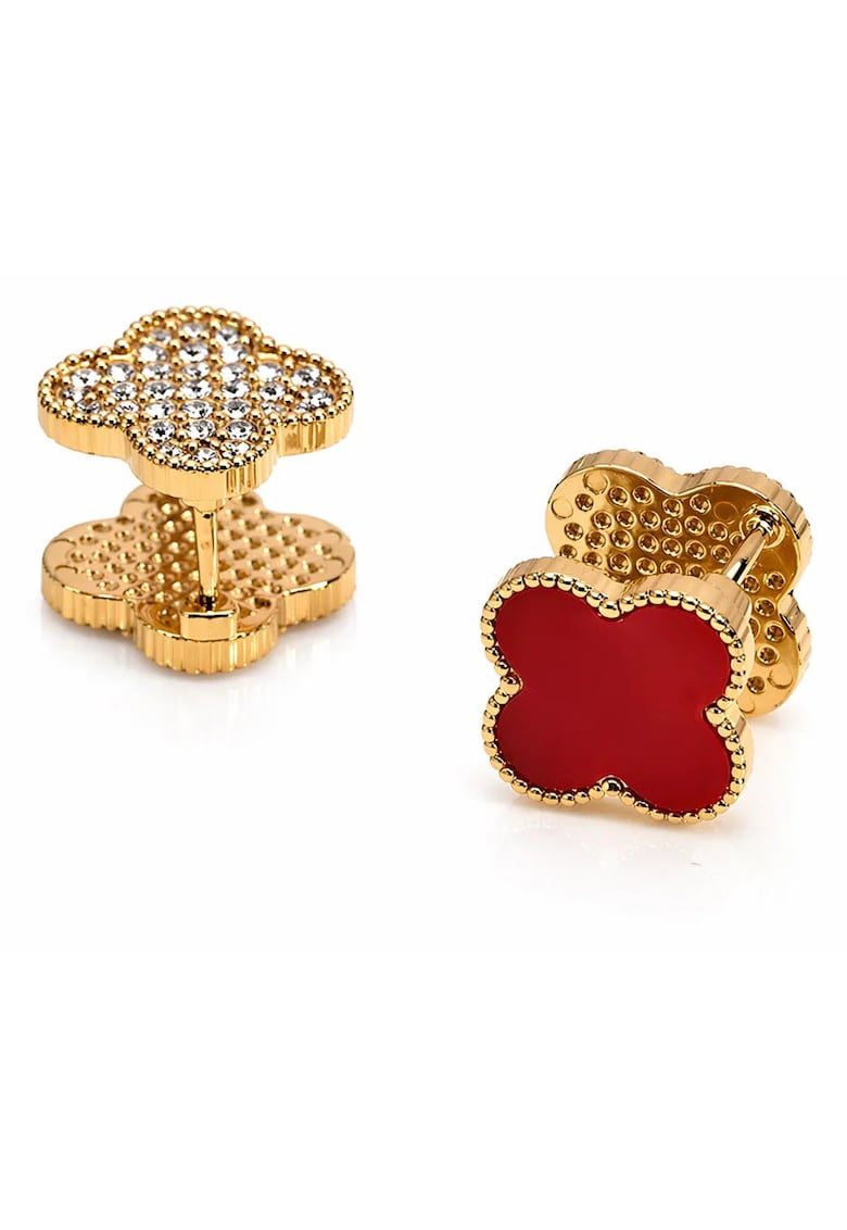 Cercei aurii - cu doua fete - din otel inoxidabil - suflati cu aur 18k - forma de trifoi - cu zirconii - Thalina C5