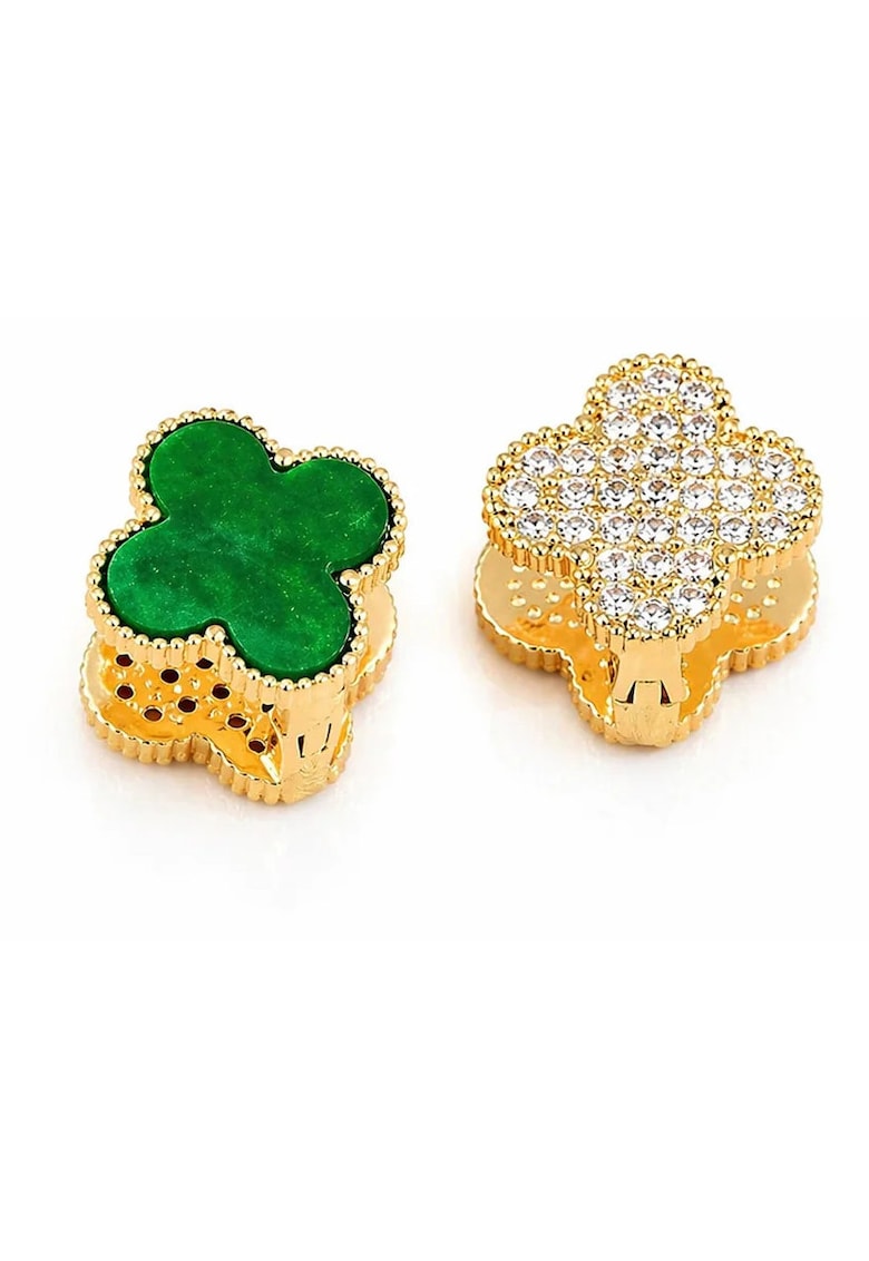 Cercei aurii - cu doua fete - din otel inoxidabil - suflati cu aur 18k - forma de trifoi - cu zirconii - Valerine C5