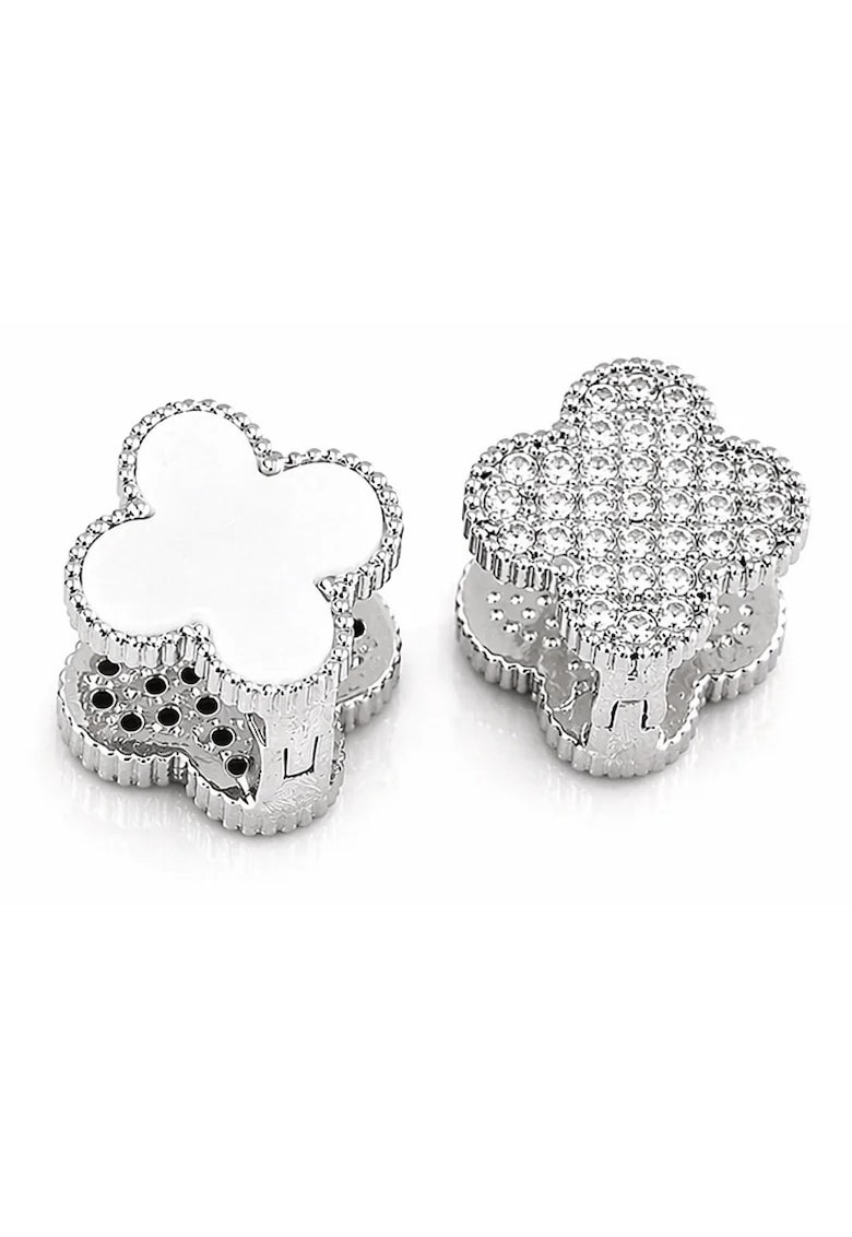 Cercei argintii - cu doua fete - din otel inoxidabil - suflati cu aur 18k - forma de trifoi - cu zirconii - Violetta C5