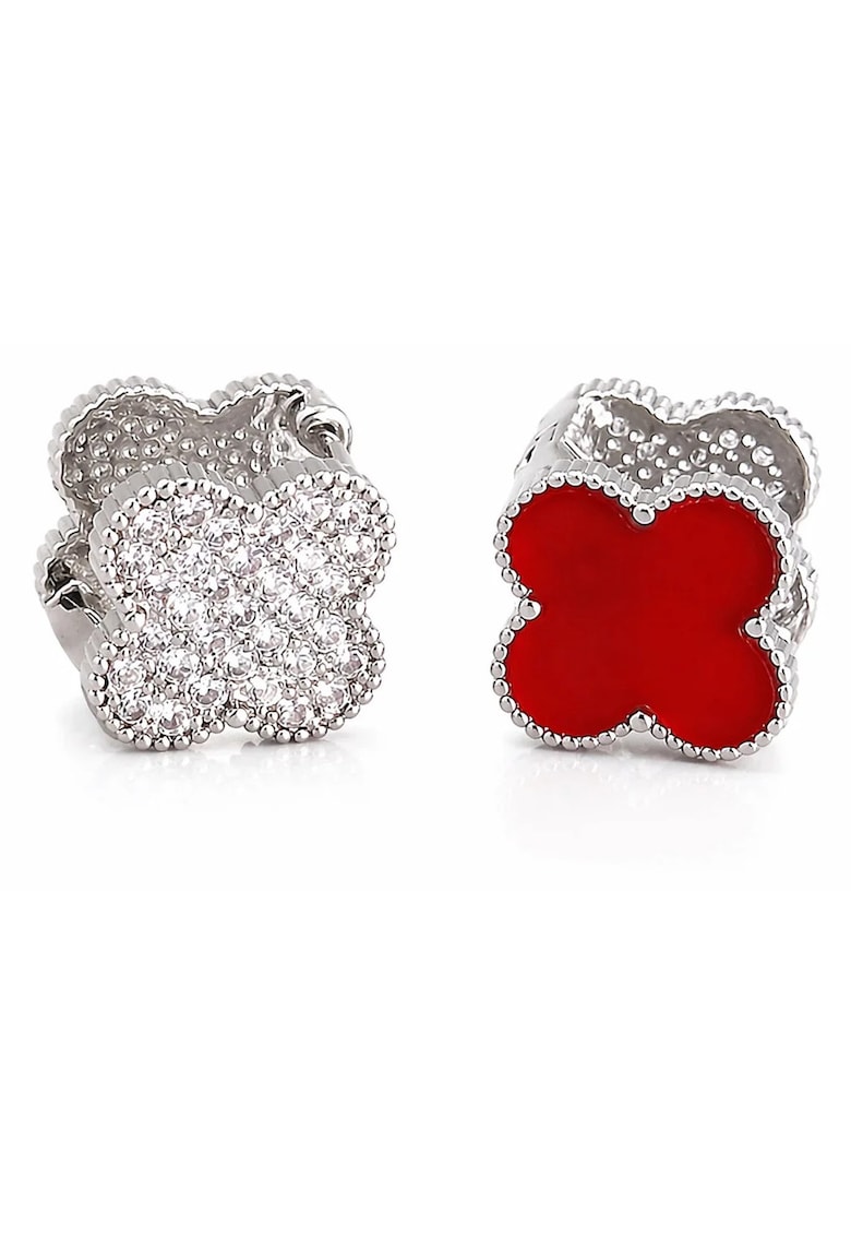 Cercei argintii - cu doua fete - din otel inoxidabil - suflati cu aur 18k - forma de trifoi - cu zirconii - Cressida C5