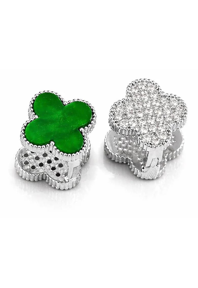 Cercei argintii - cu doua fete - din otel inoxidabil - suflati cu aur 18k - forma de trifoi - cu zirconii - Elaria C5