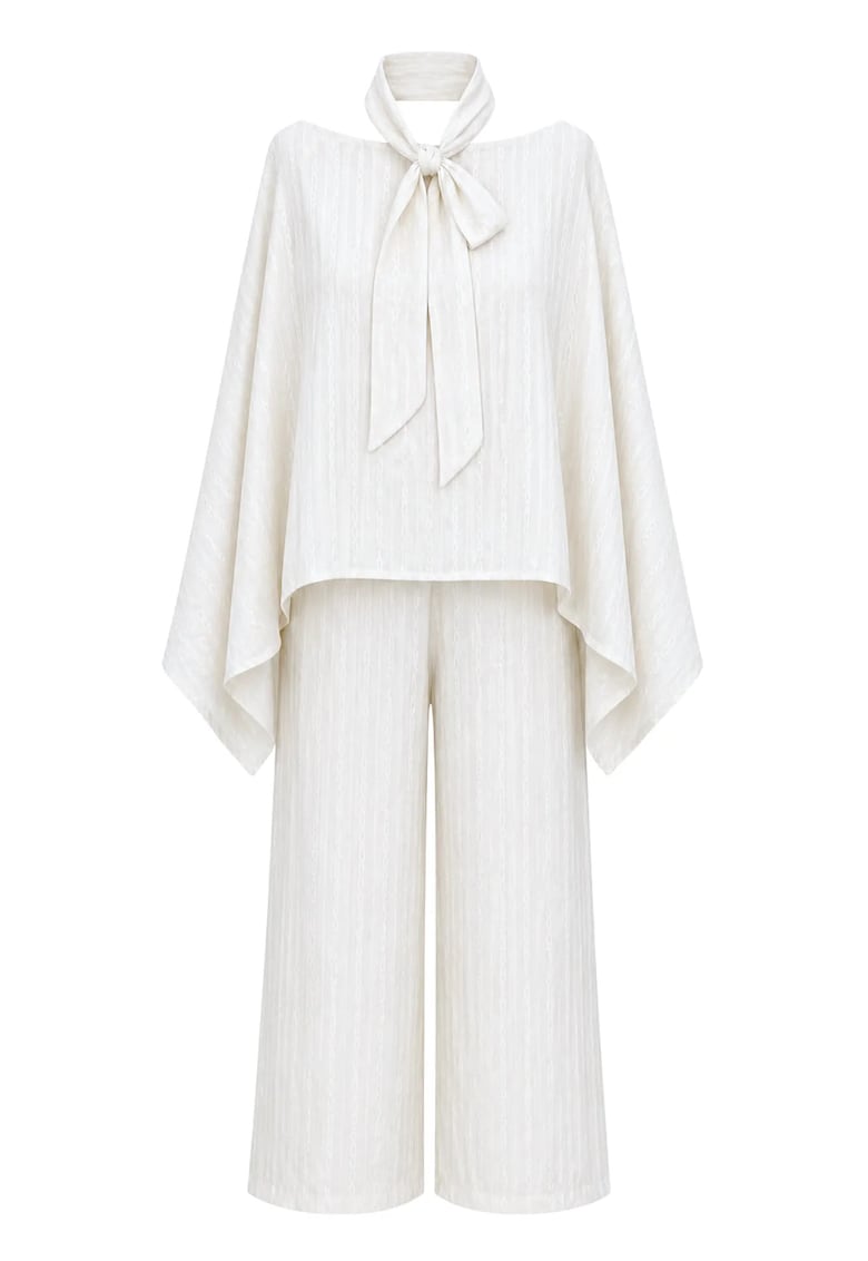 Set tricotat - talie inalta - guler tip sal - pantaloni largi - Ivory Natural - 82% modal - 18% poliester -