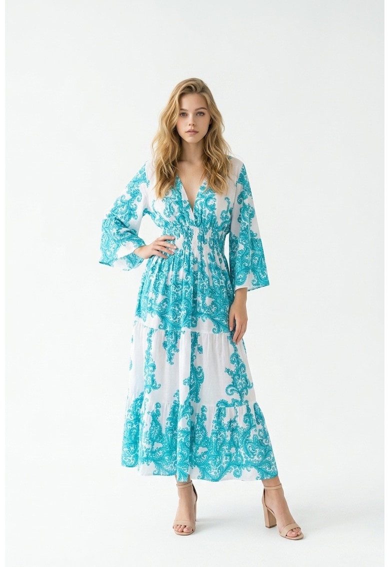 Rochie lunga de vara din bumbac imprimeu Amalfi - Alb/Turcoaz/Albastru