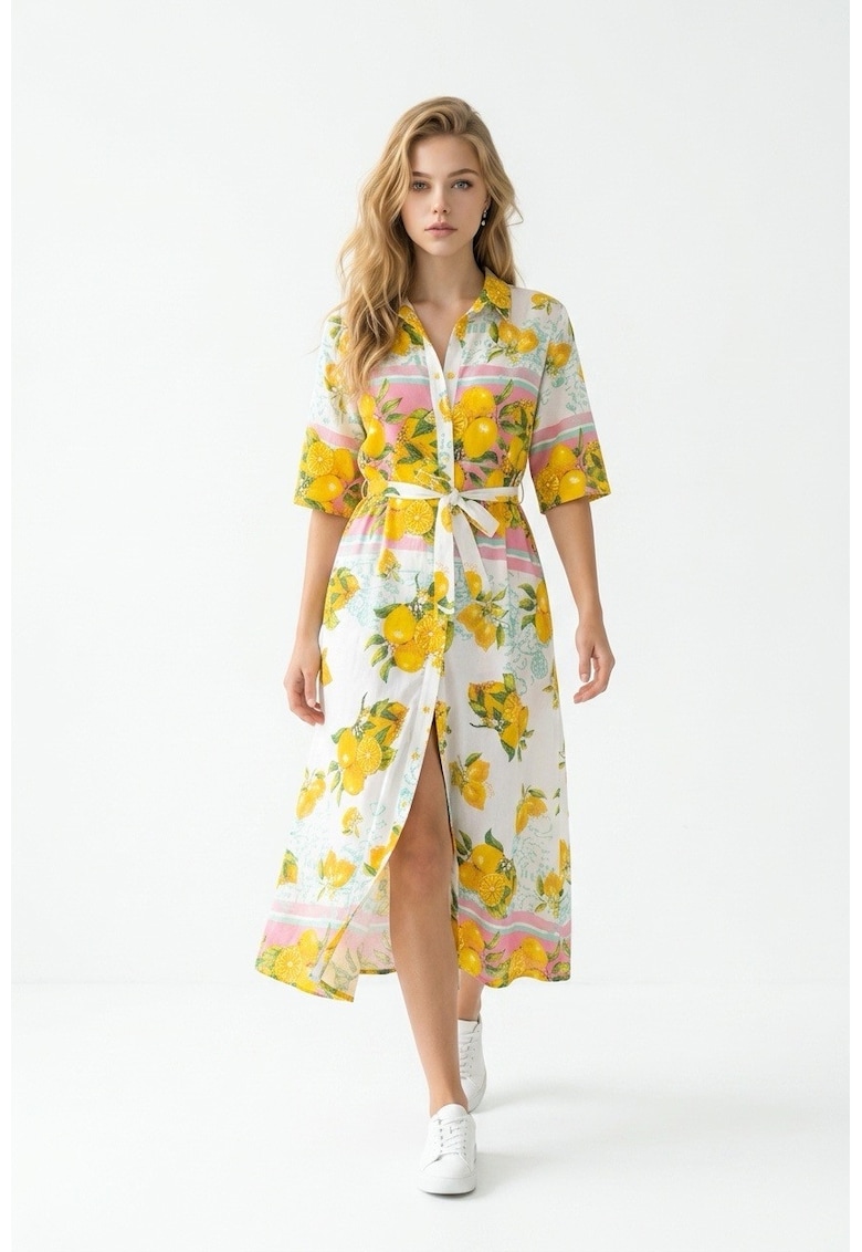 Rochie midi tip camasa de vara din bumbac alb cu imprimeu Amalfi roz cu lamai galbene