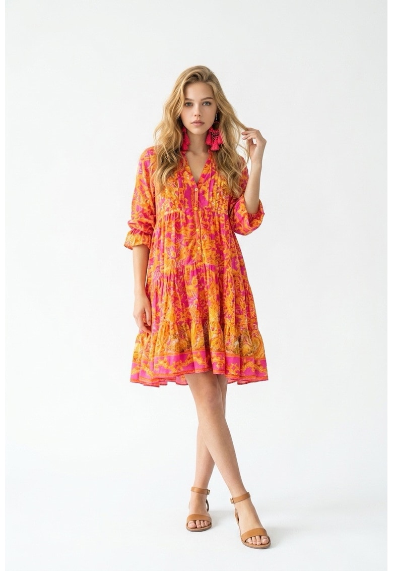 Rochie scurta tip camasa de vara din bumbac multicolor cu imprimeu Amalfi roz cu portocaliu