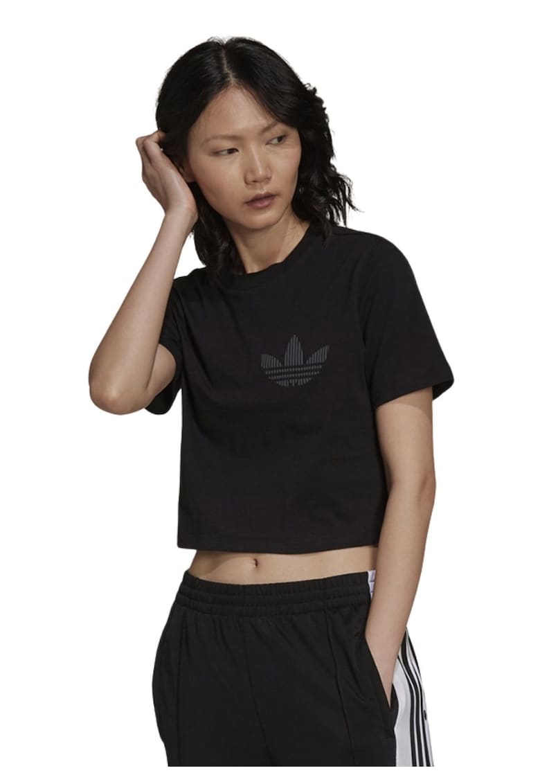 Tricou crop cu imprimeu logo -