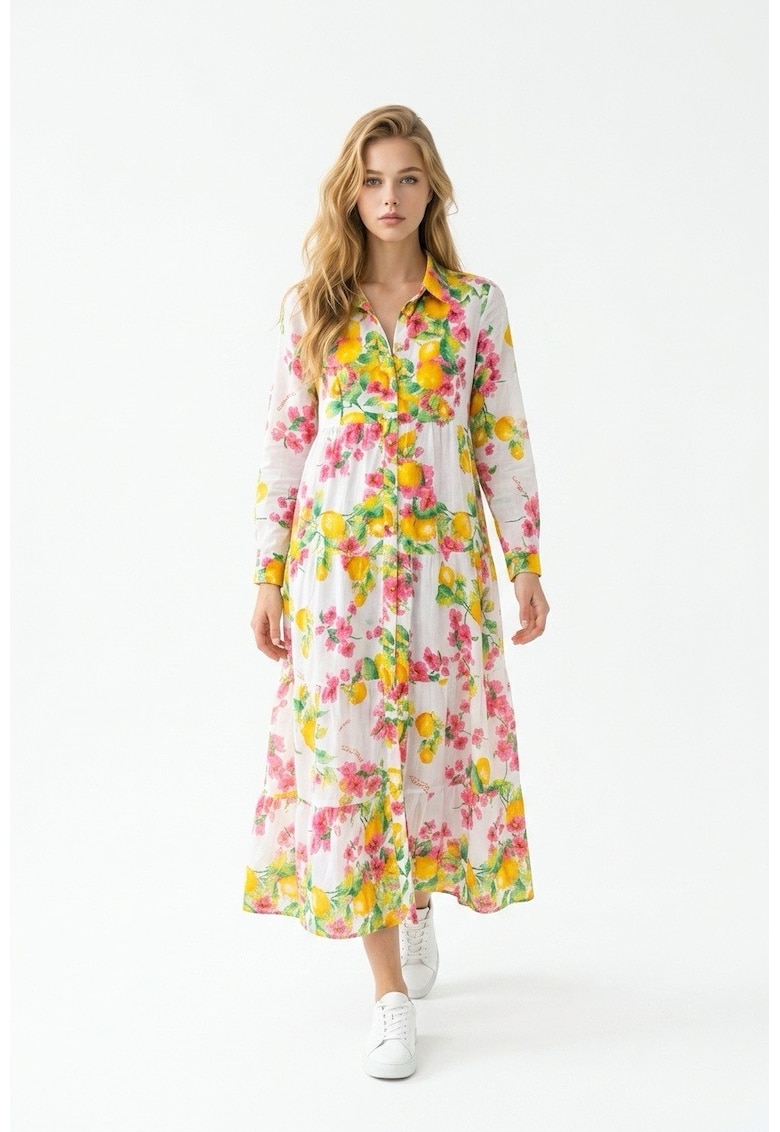 Rochie lunga tip camasa de vara din bumbac cu imprimeu Amalfi multicolor