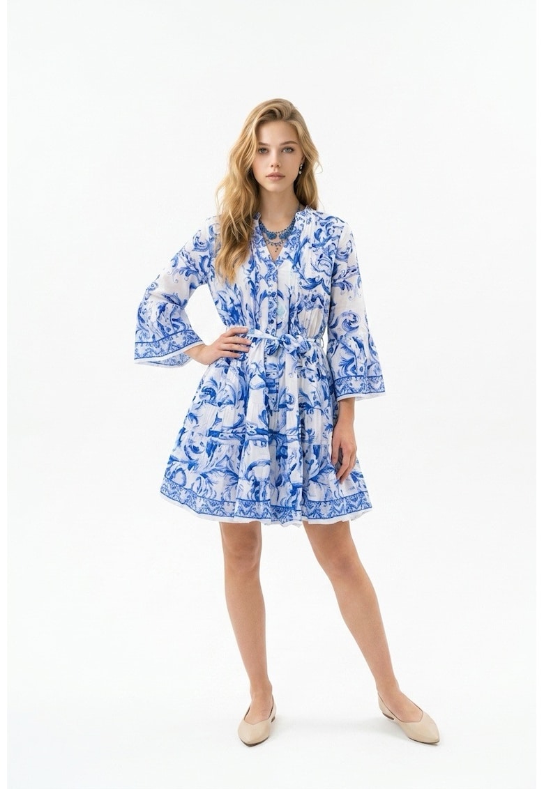Rochie scurta de vara din bumbac cu imprimeu alb cu albastru Amalfi