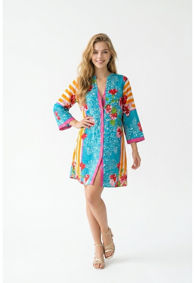 Rochie scurta tip camasa de vara din bumbac cu imprimeu multicolor Positano Amalfi