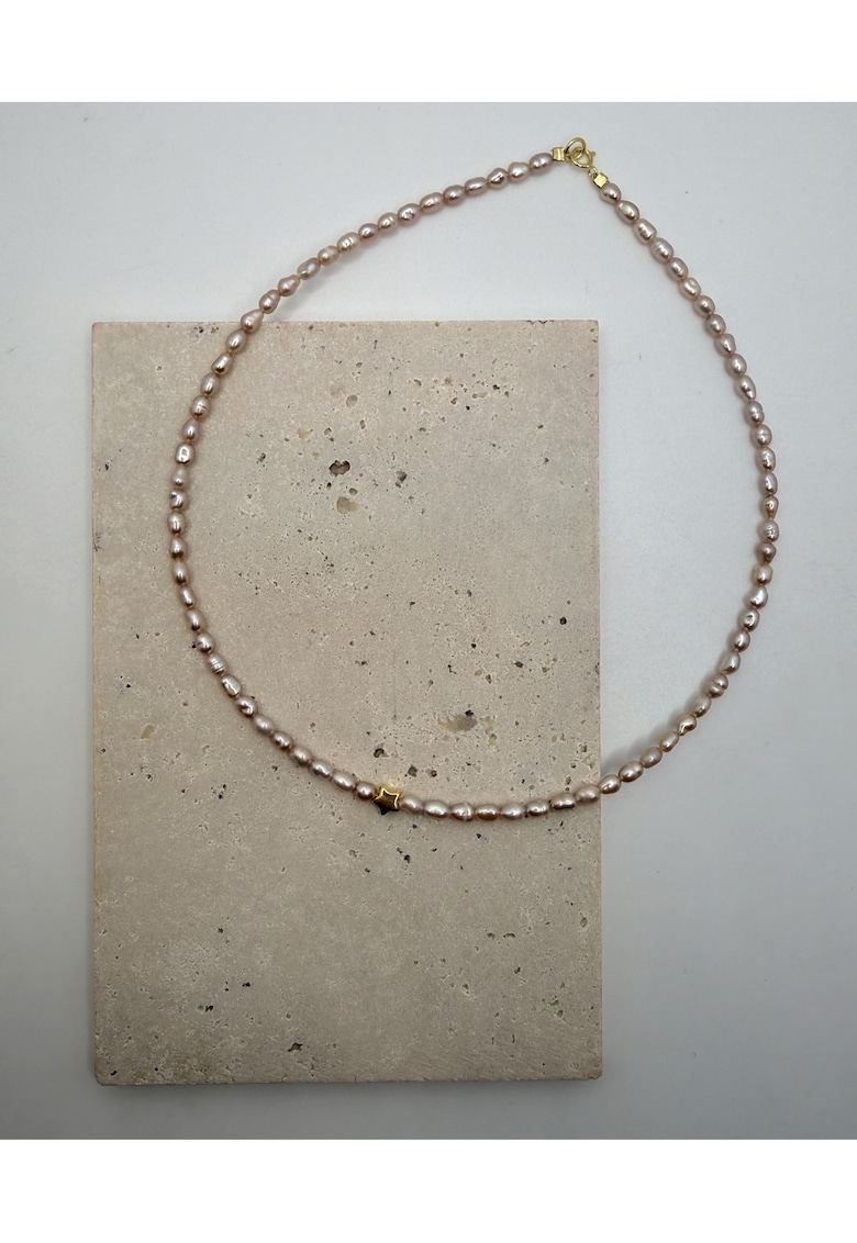 Colier handmade - realizat din perle de cultura roz - pandantiv stea argint placat cu aur - inchiderile argint placat cu aur