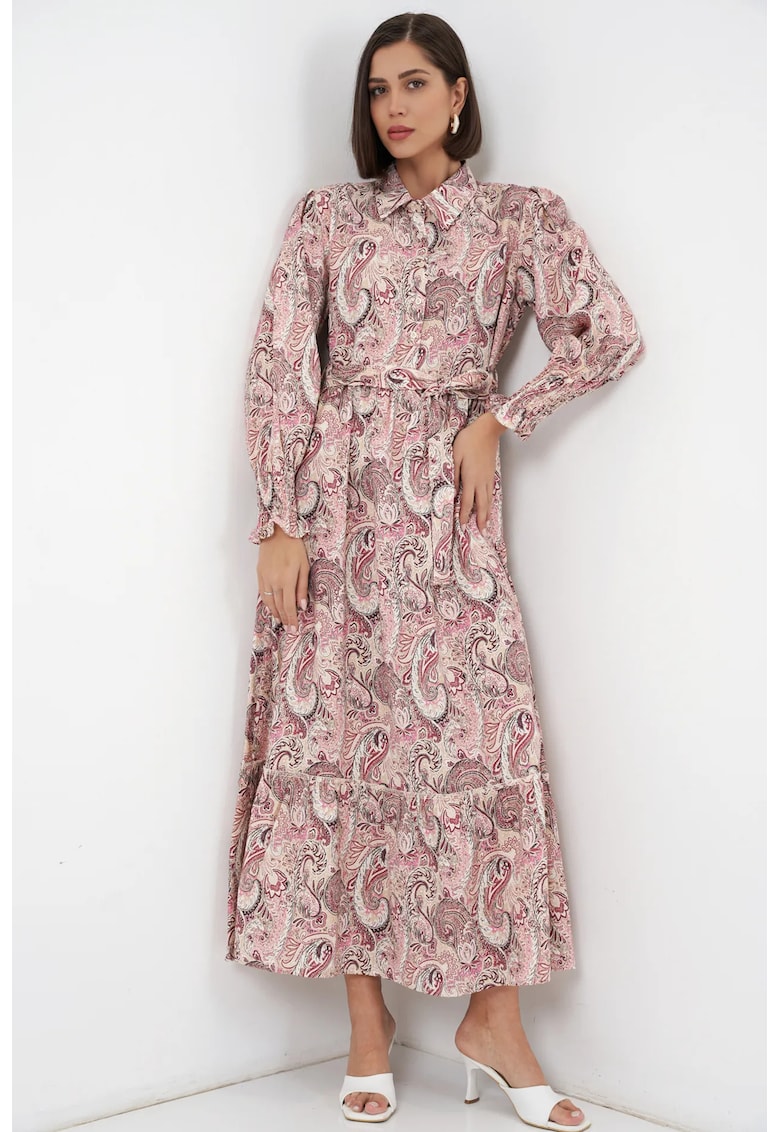 Rochie camasa midi imprimeu paisley - roz - viscoza - cu cordon