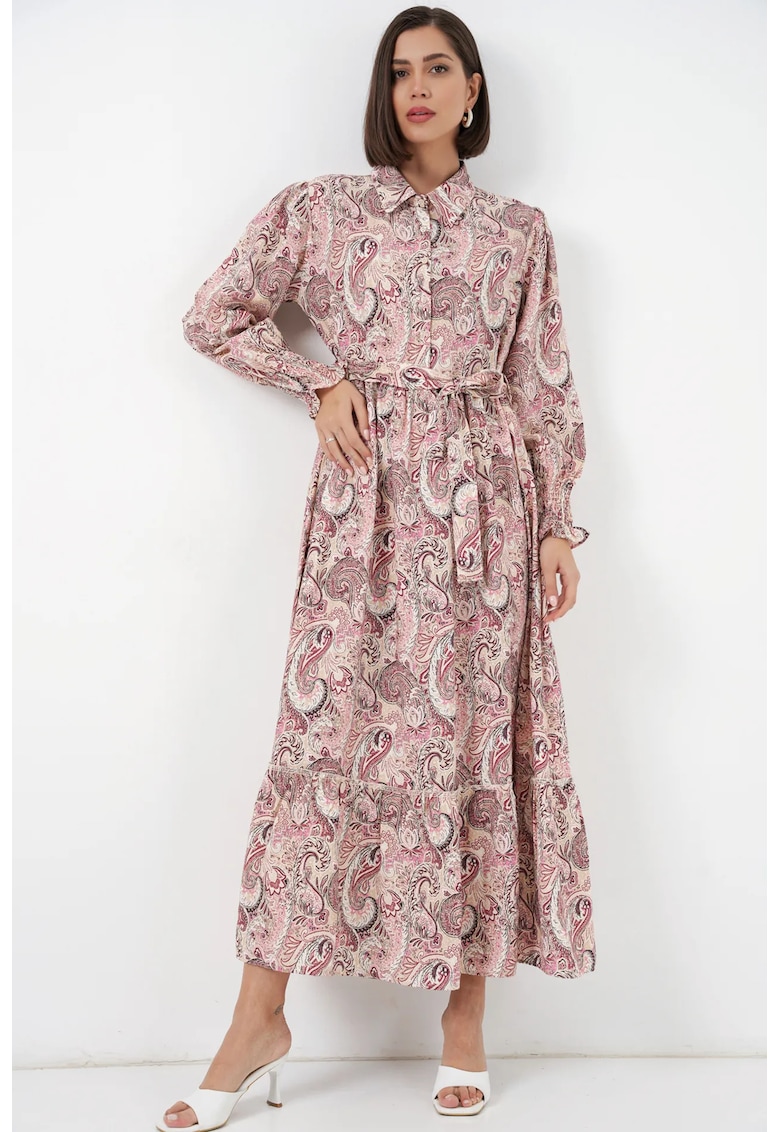 Rochie camasa midi imprimeu paisley - roz carnation - maneca lunga - cu curea - 80% viscoza -