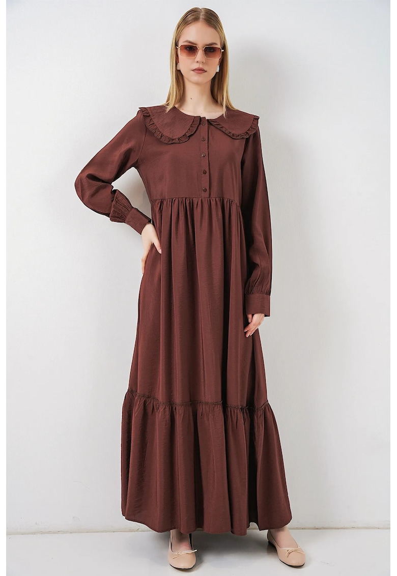 Rochie Maxi Midi - cu Guler Peter Pan - Maneca lunga - Maro Mocha - 84% viscoza - 16% nailon