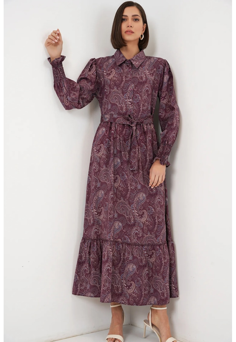 Rochie camasa midi imprimeu paisley - rosu burgundy - maneca lunga - cu curea - 80% viscoza -