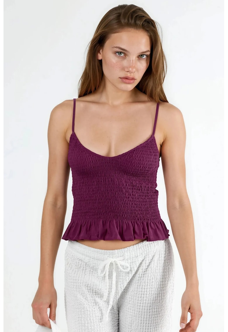 Bluza scurta volane - decolteu in V - roz pudra - bumbac