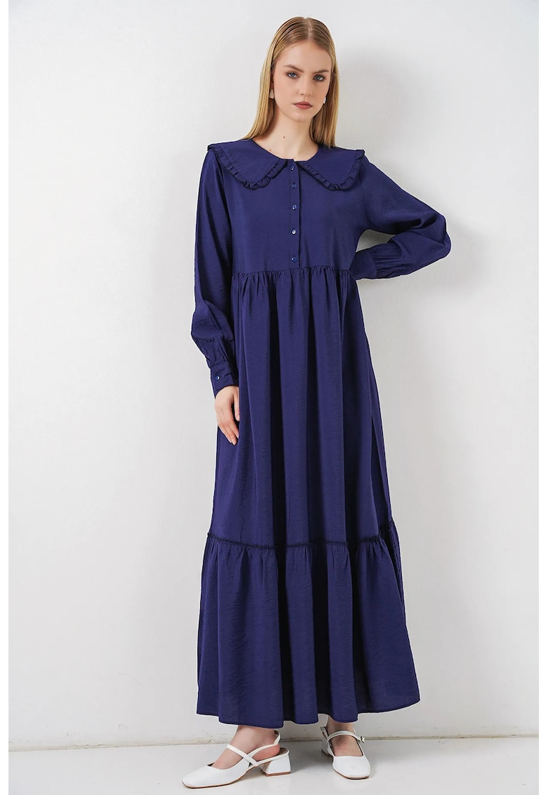 Rochie Maxi guler Peter Pan - maneca lunga - albastru marin - viscoza-nailon