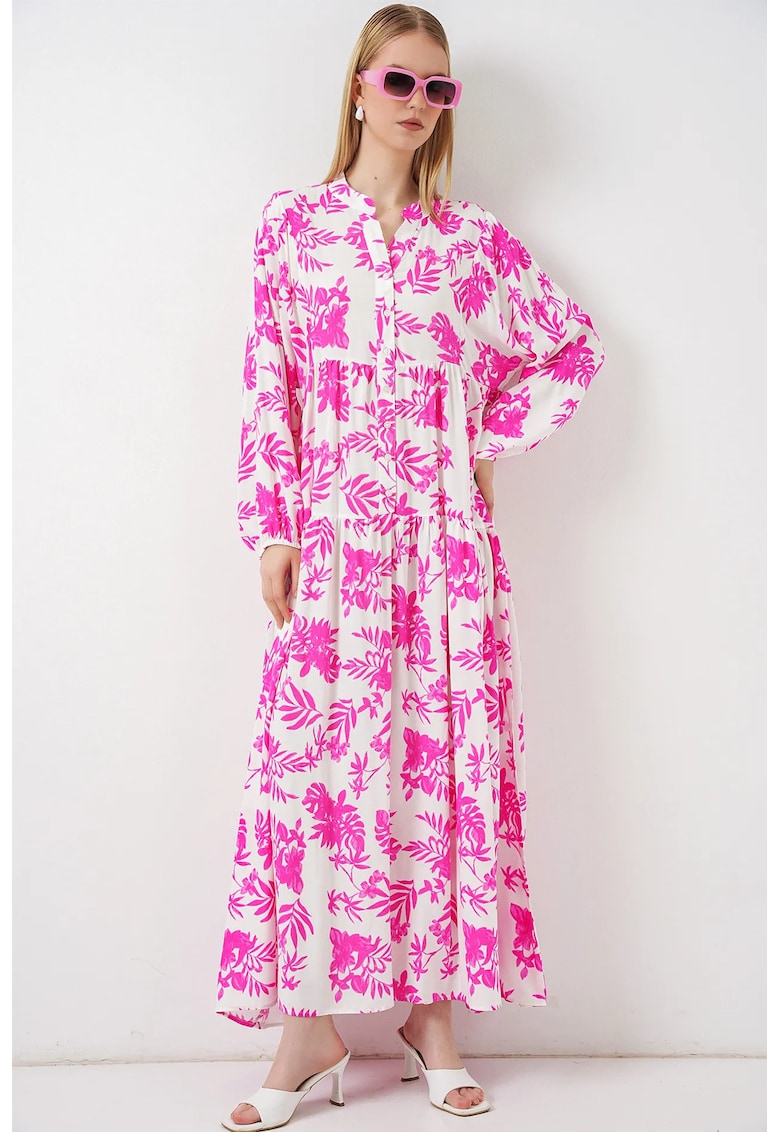 Rochie Maxi - Etnic - Roz Garoafa - Viscoza - Maneci Lungi -