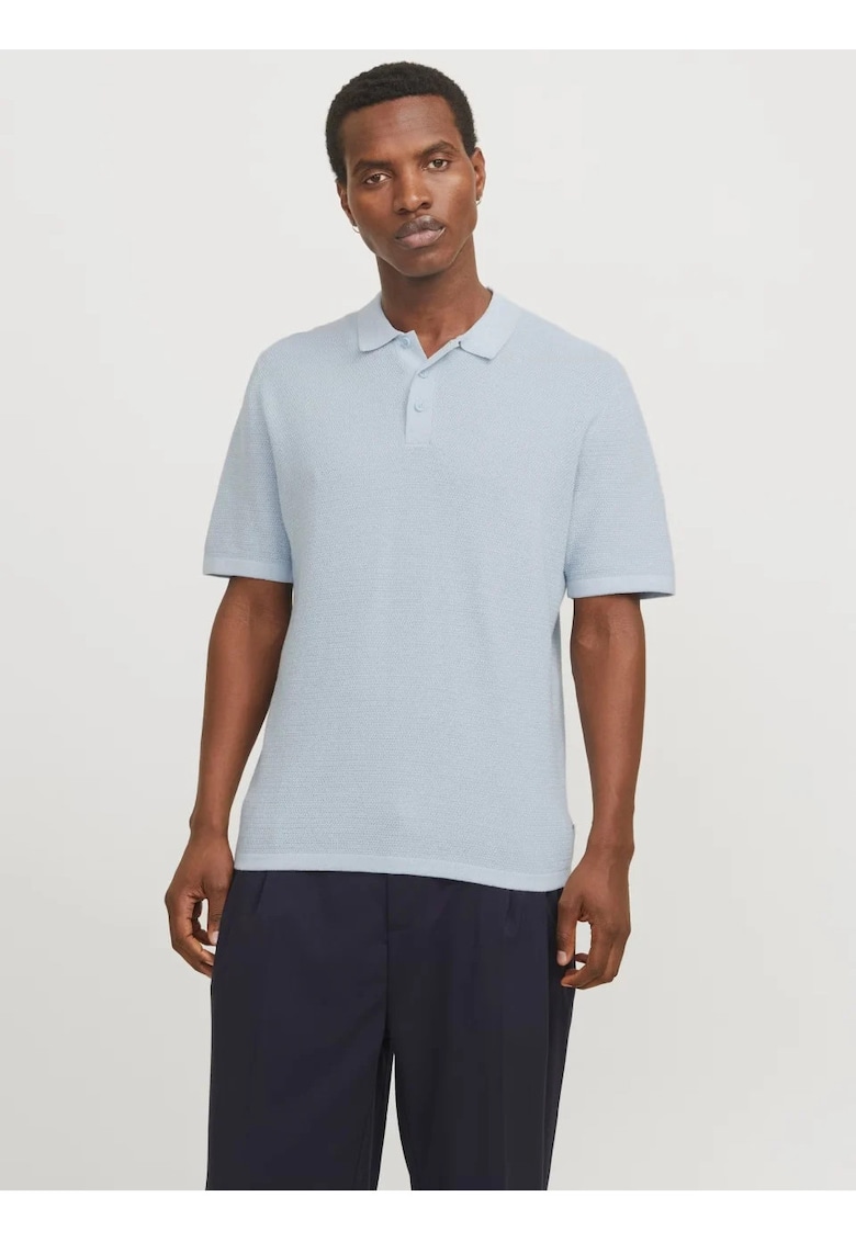 Tricou polo barbati - cu aspect tricotat - Regular Fit - Albastru deschis -