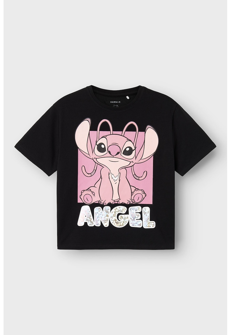 Tricou din amestec de bumbac cu imprimeu Stitch - Negru/Roz