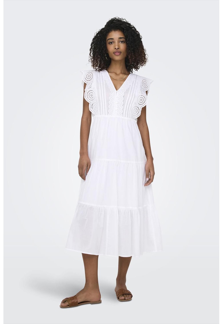Rochie din bumbac cu broderie din dantela Sangallo - Alb optic