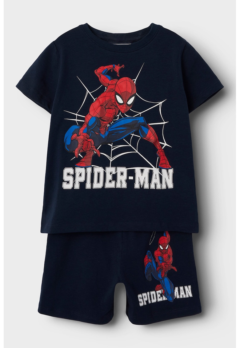 Pijama din amestec de bumbac cu pantaloni scurti si imprimeu Spider-Man - Rosu/Albastru ultramarin