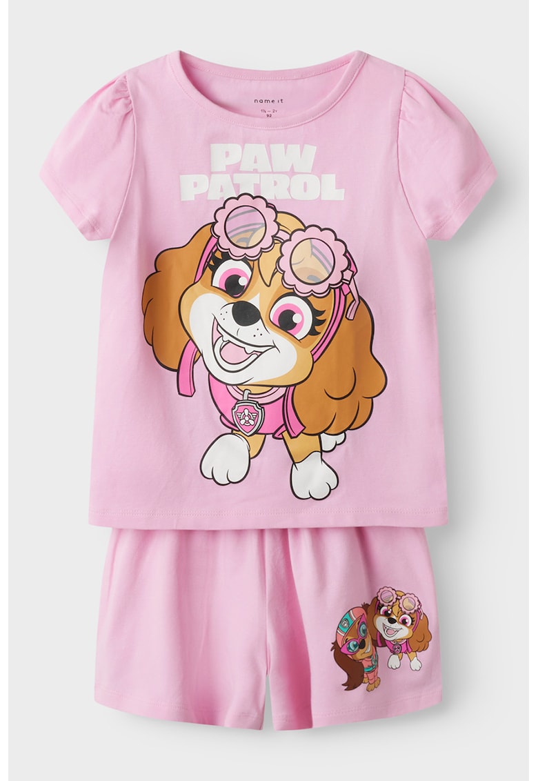 Pijama din amestec de bumbac cu pantaloni scurti si imprimeu Paw Patrol - Maro/Roz
