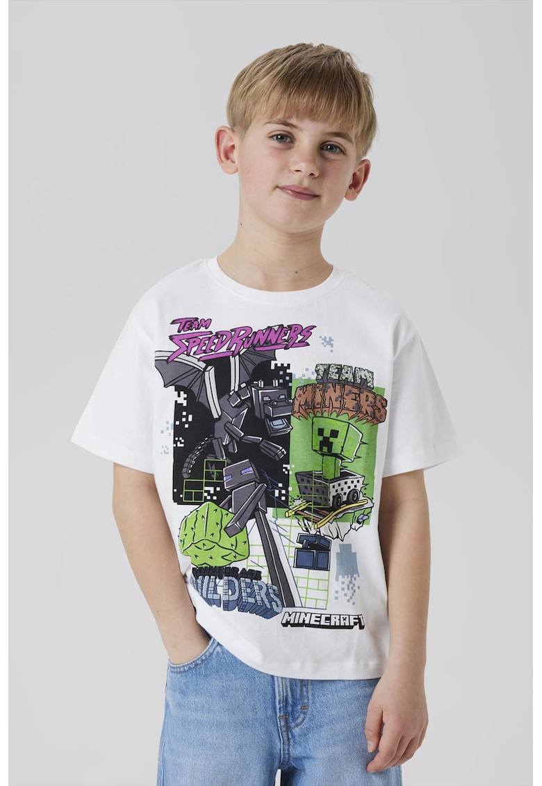 Tricou din bumbac organic cu imprimeu grafic - Verde/Alb optic