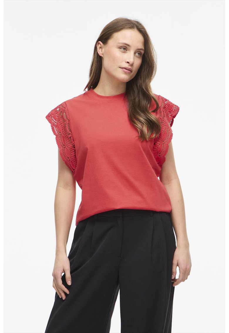 Tricou din bumbac organic cu maneci crosetate - Coral