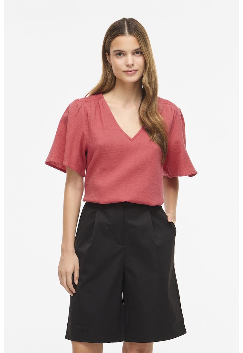 Tricou lejer din bumbac organic cu decolteu in V - Coral