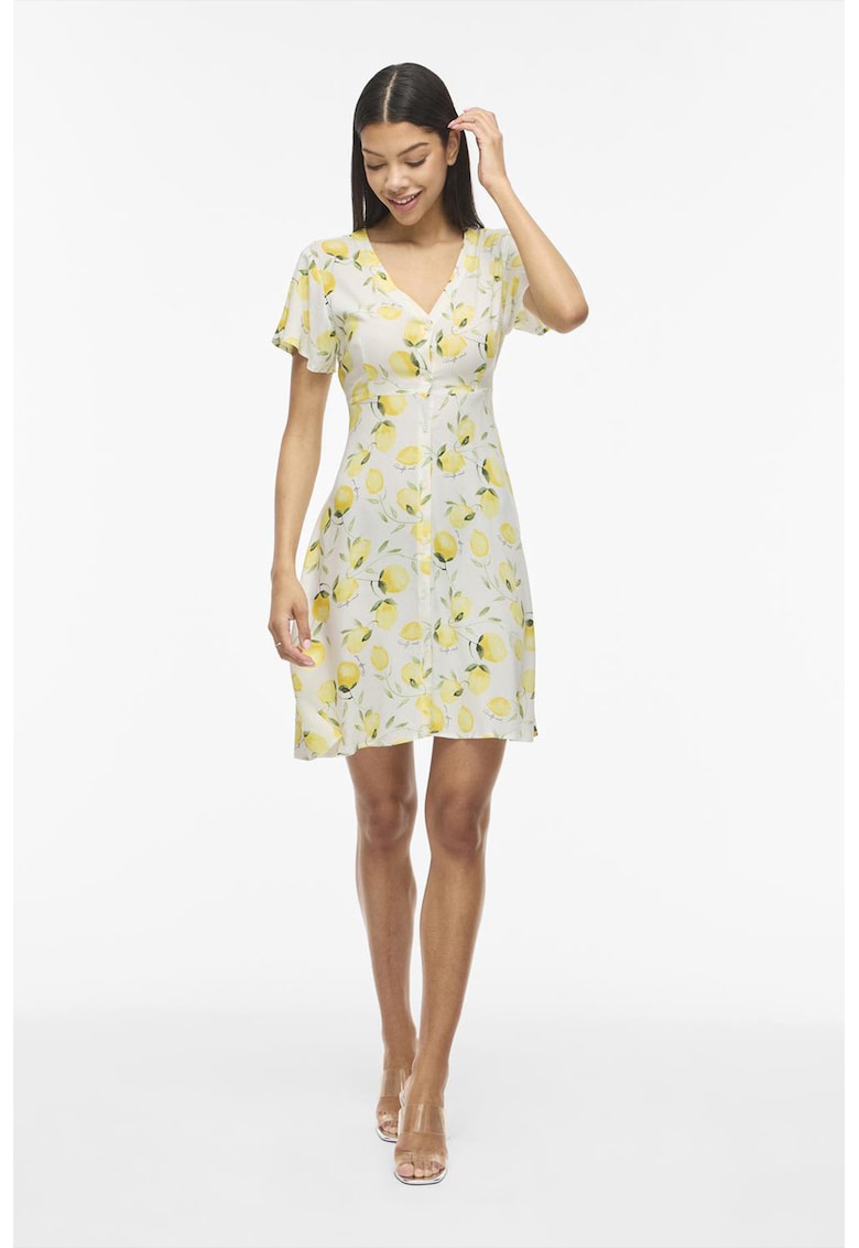 Rochie cu model lamai si nasturi - Alb/Galben