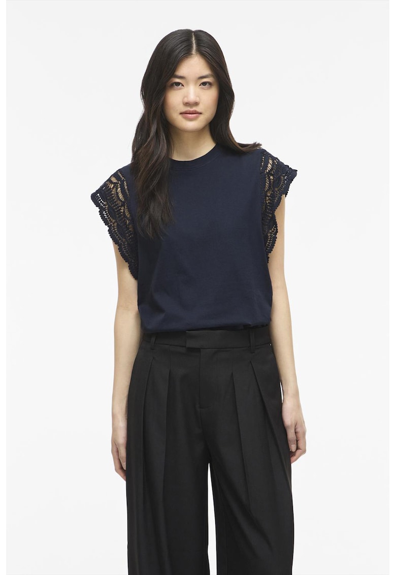 Tricou din bumbac organic cu maneci crosetate - Bleumarin