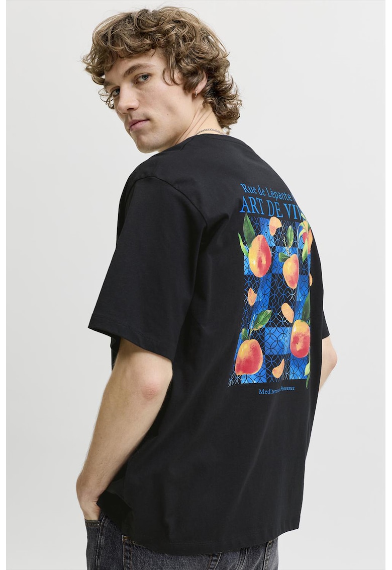Tricou din bumbac cu imprimeu pe partea din spate - Negru/Piersica