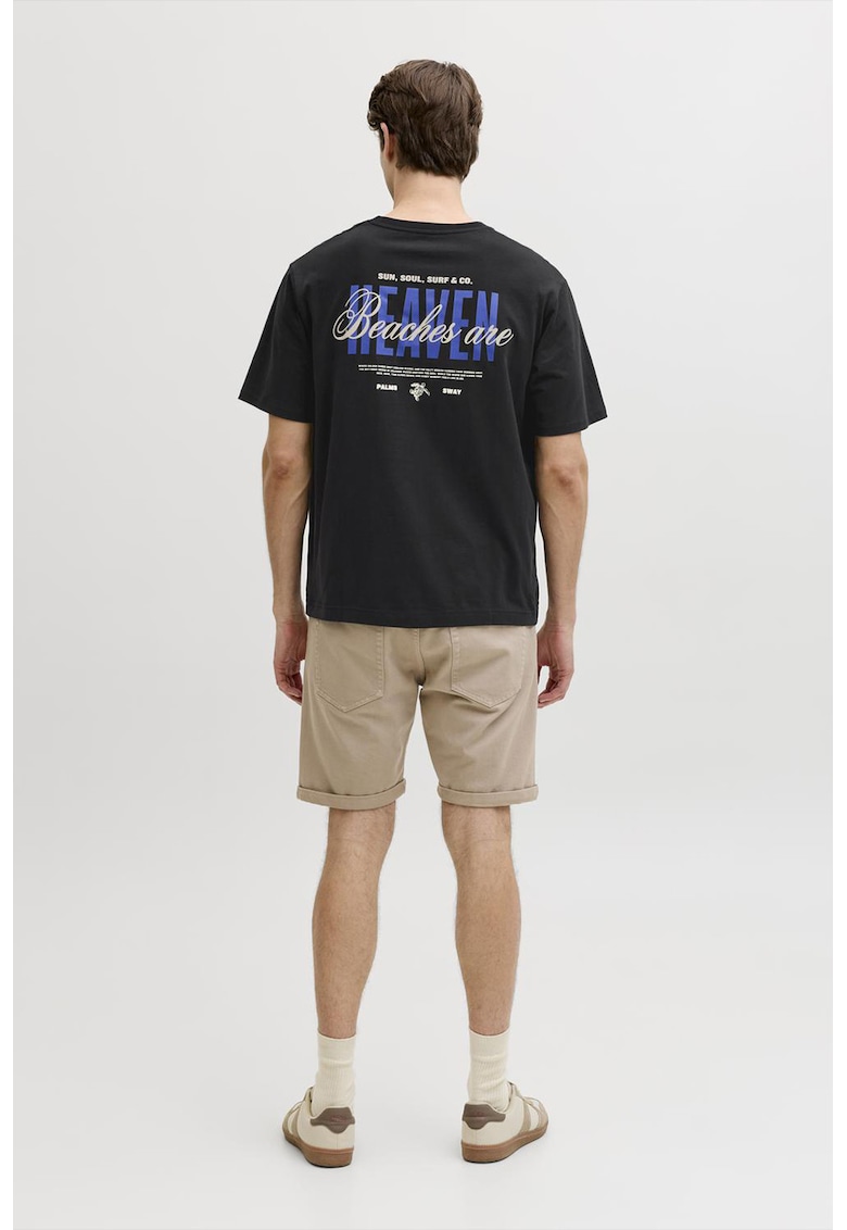 Tricou din bumbac cu decolteu la baza gatului si imprimeu - Negru/Albastru