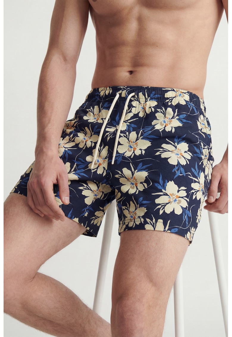 Pantaloni scurti de baie cu imprimeu floral - Crem/Bleumarin