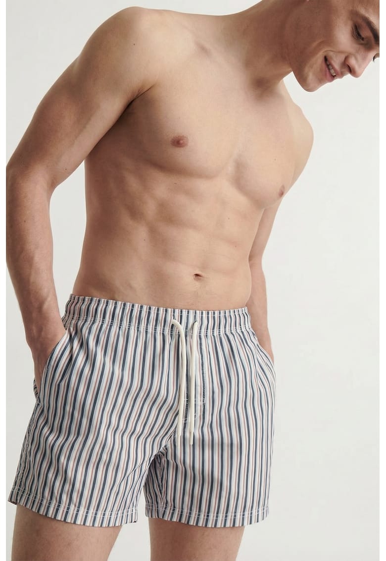 Pantaloni scurti de baie cu buzunare si dungi - Alb/Bleumarin